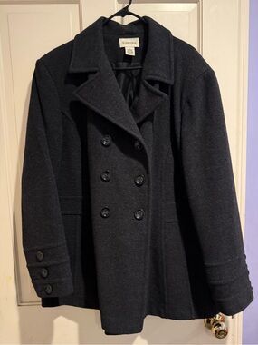 St. John's Bay Women's Black Double-Breasted Wool Blend Pea Coat